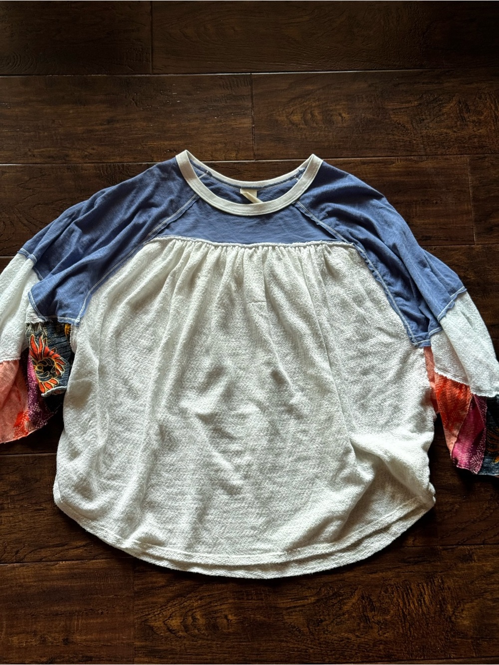 Free People Friday Fever Top Textured White Bodice Colorful Patchwork Dolman
